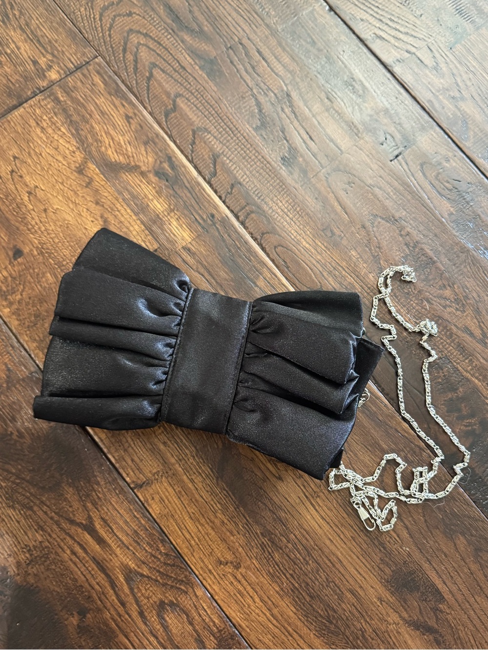 Elegant Black Satin Bow Clutch with Silver Chain Strap